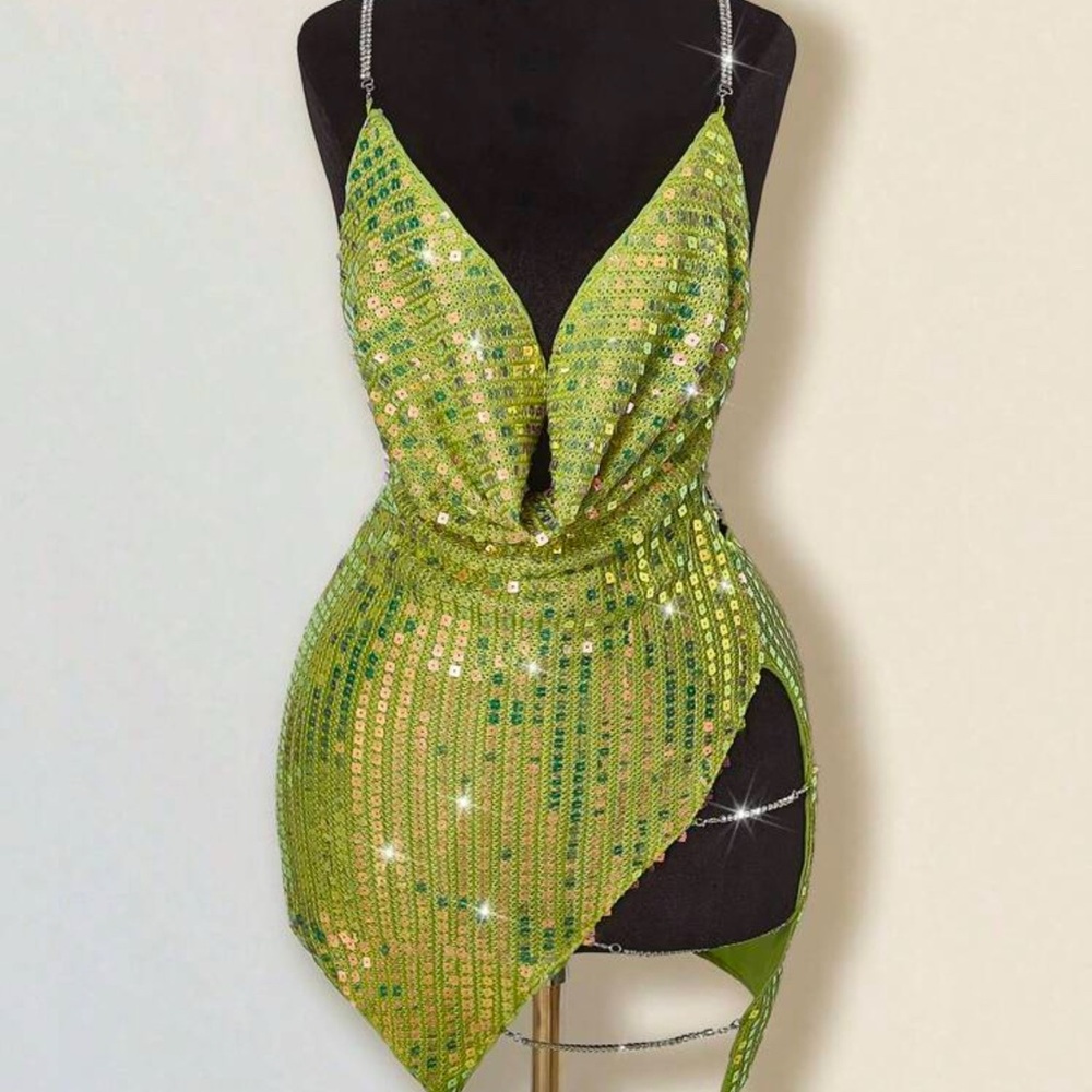 SHEIN Asymmetrical Sequin Lime Dress